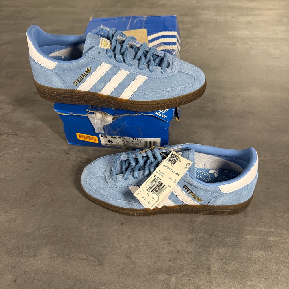 Adidas Handball Spezial Mens 6 Women 7 Light Blue Suede Gum Sole BD7632 Sneakers